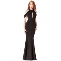 Goddiva Cut-Out Shoulder Fishtail Maxi Dress Black